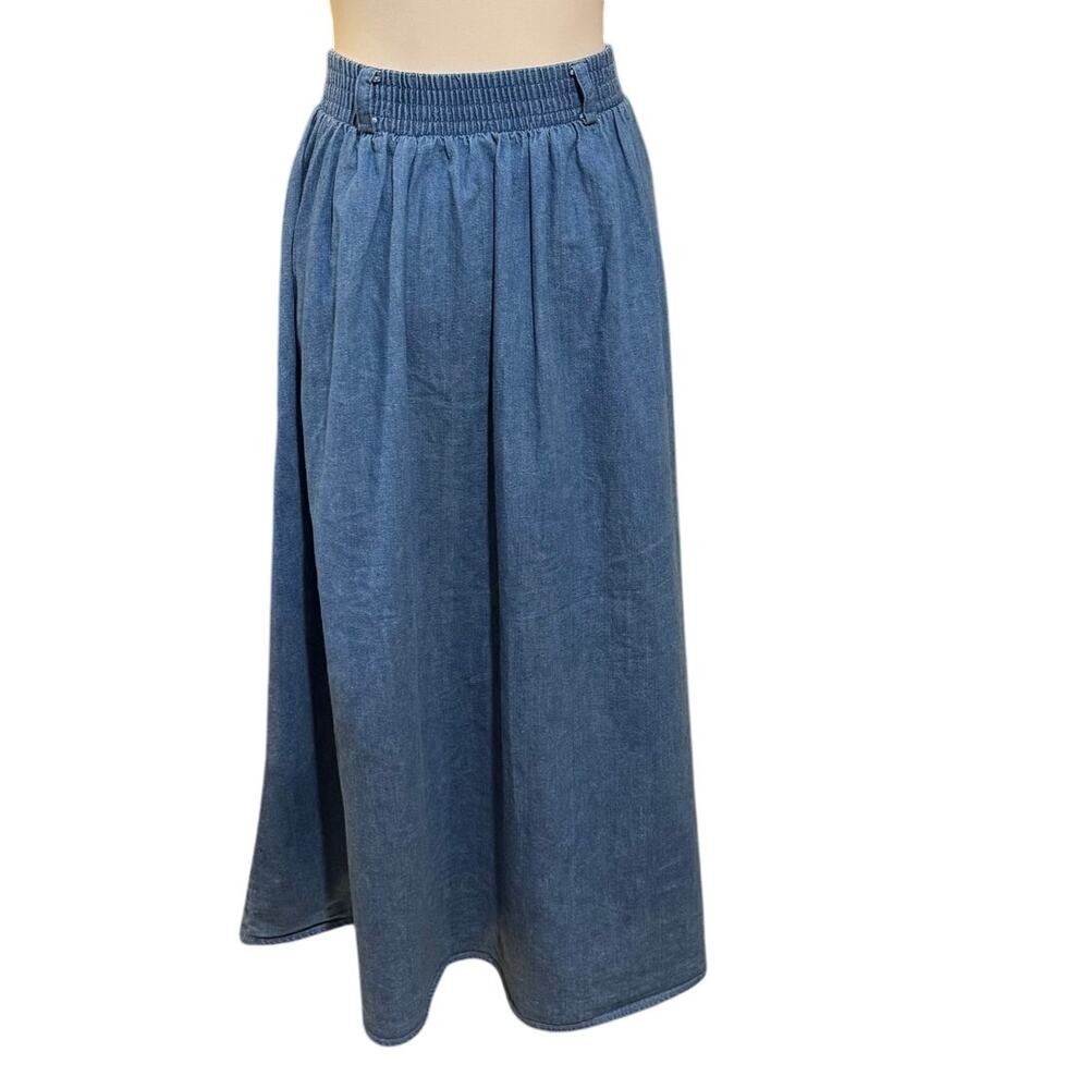 Vintage 70s Cottage Core Denim Blue Jean Skirt White Eyelet Lace Inset Size XS - Picture 3 of 10